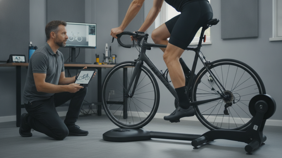 Cyclist undergoing professional bike fitting in Sacramento, focusing on body alignment.