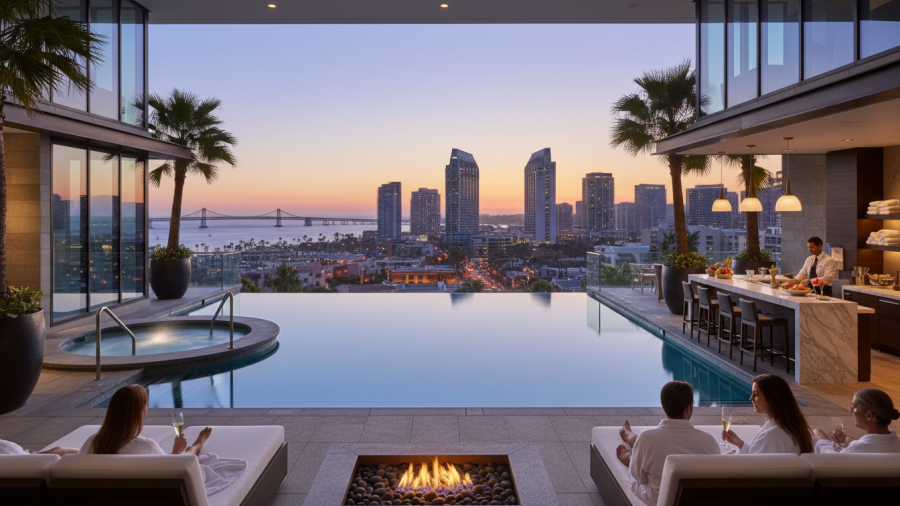Urban hotel spa in San Diego, highlighting luxury ambiance and city skyline, comparing beachfront spa experiences.