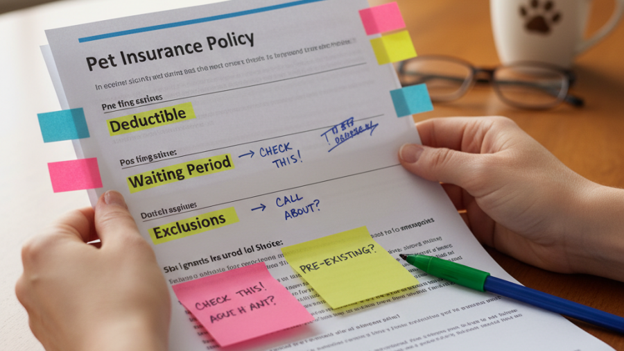 Person reviewing pet insurance policy with highlighted details for Sacramento pet owners.