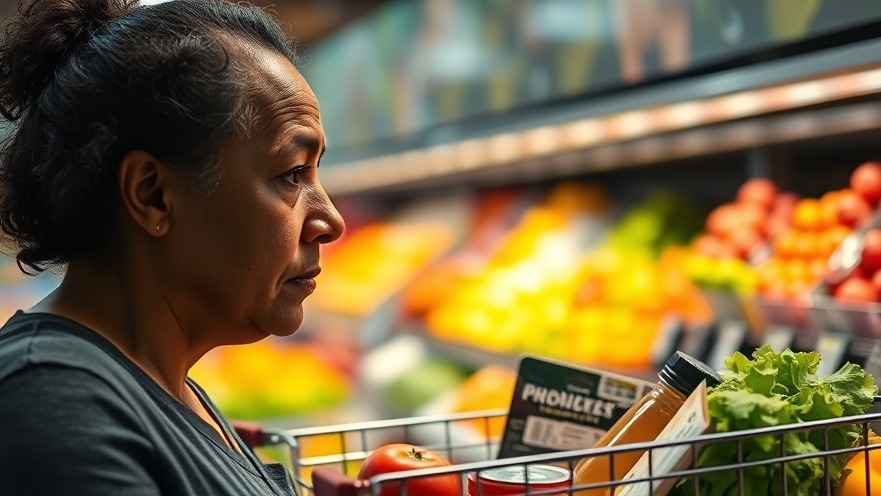 Concerned parent examines unhealthy food impacts in grocery cart filled with processed foods.