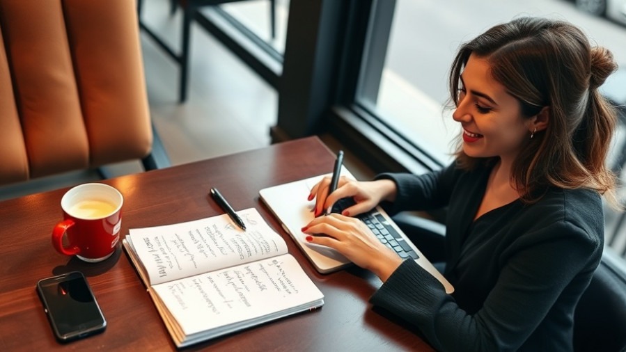 Woman entrepreneur refining her content strategy in a café, boosting marketing results.