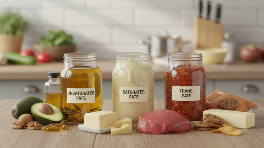 Variety of healthy fats on display, highlighting the benefits of dietary fats.