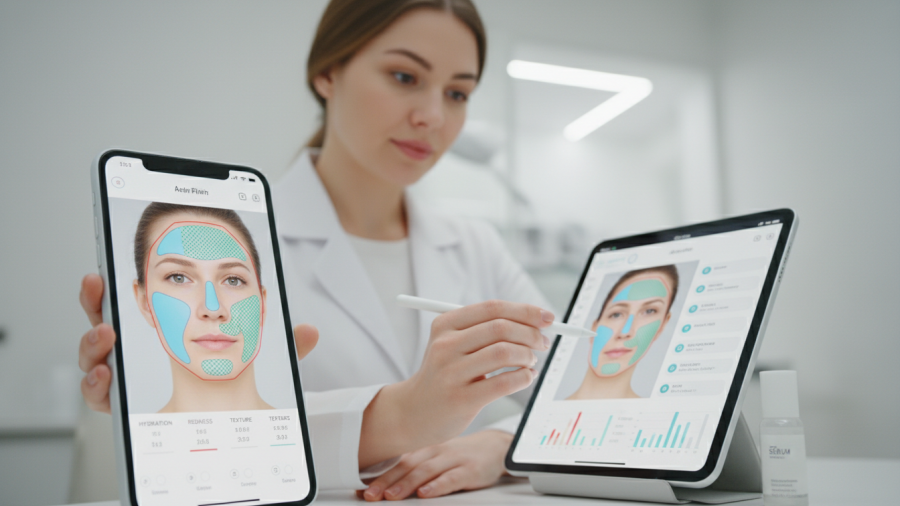AI-powered skin analysis on a smartphone with overlay details and tablet review.