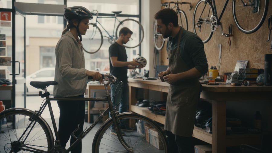 Returning cyclist consults with Sacramento cycling experts at a local bike shop.