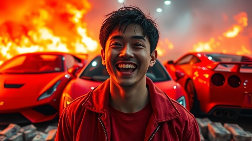 Young Japanese man embodying resilience and innovation in entrepreneurship, amidst red sports cars.
