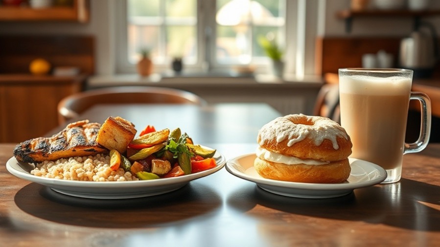 Healthy Lifestyle Tips: Balanced meal vs sugary snack in a cozy kitchen setting.