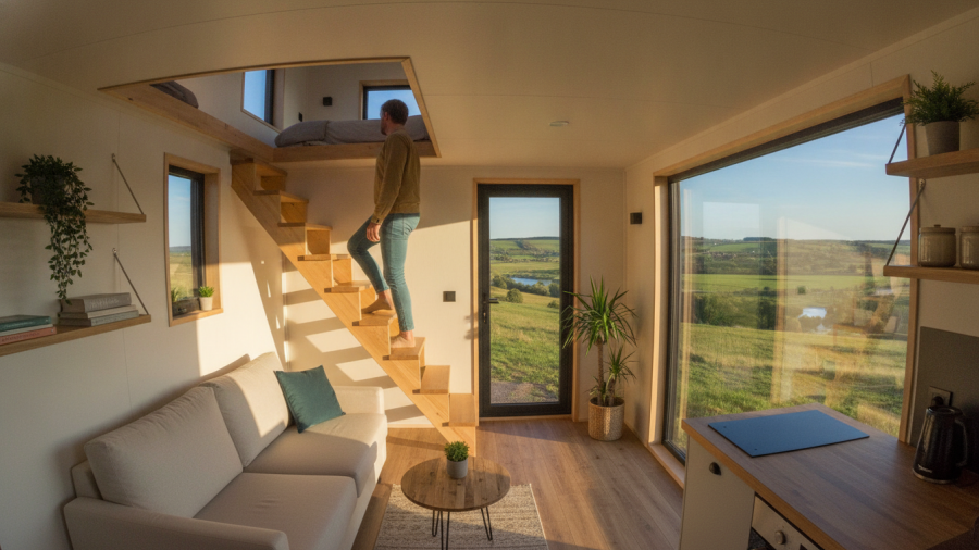 Modern tiny house interior highlighting sustainable living, warm tones, and scenic views.