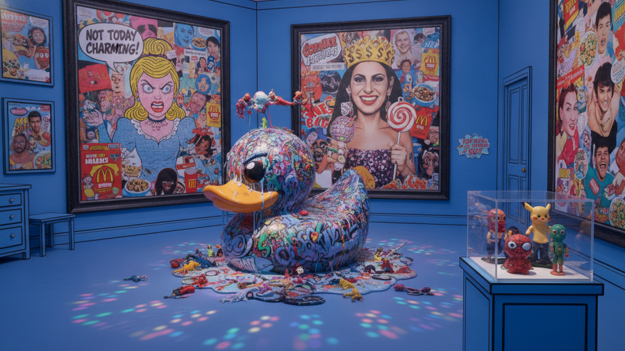 Vibrant art exhibition by local artist Suzanne Adan at Crocker Art Museum, inspired by pop culture.