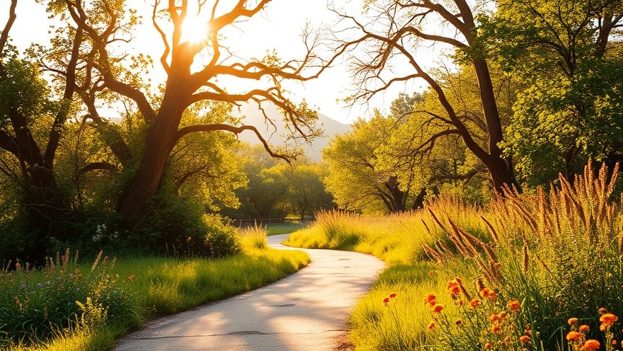 Serene Dry Creek Parkway landscape with golden sunlight and vibrant wildflowers.