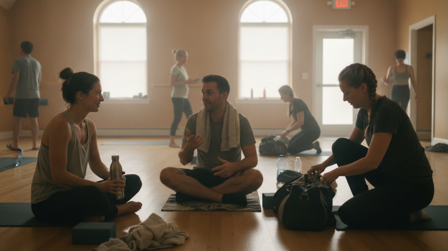 Social connections forming naturally after a hot yoga class in Sacramento.