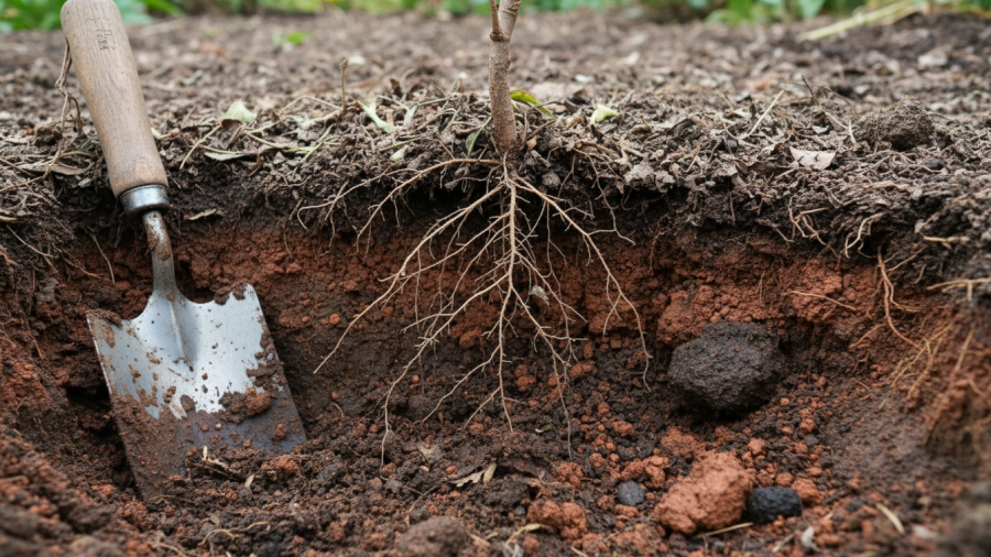 Exposed root system and soil structure illustrating soil compaction plant problems.