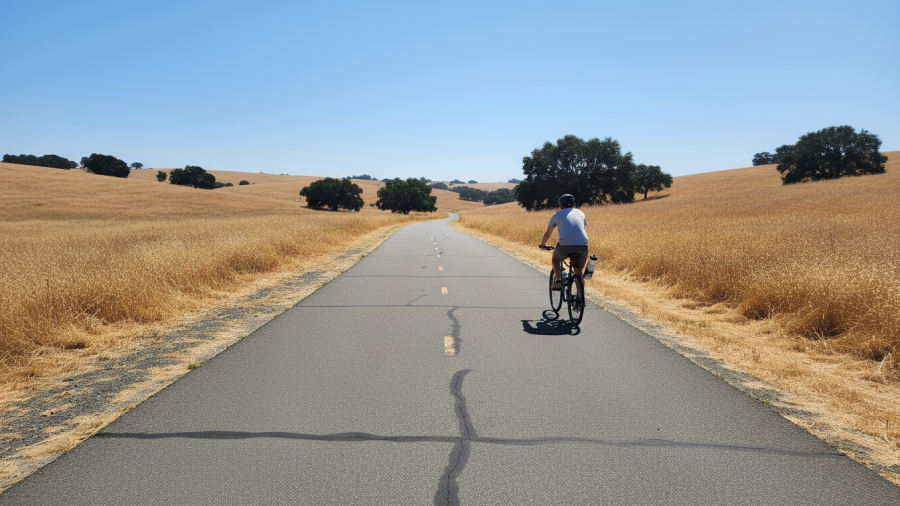 Sunny view of the Johnny Cash Trail in Folsom, showcasing paved sections and summer landscapes.