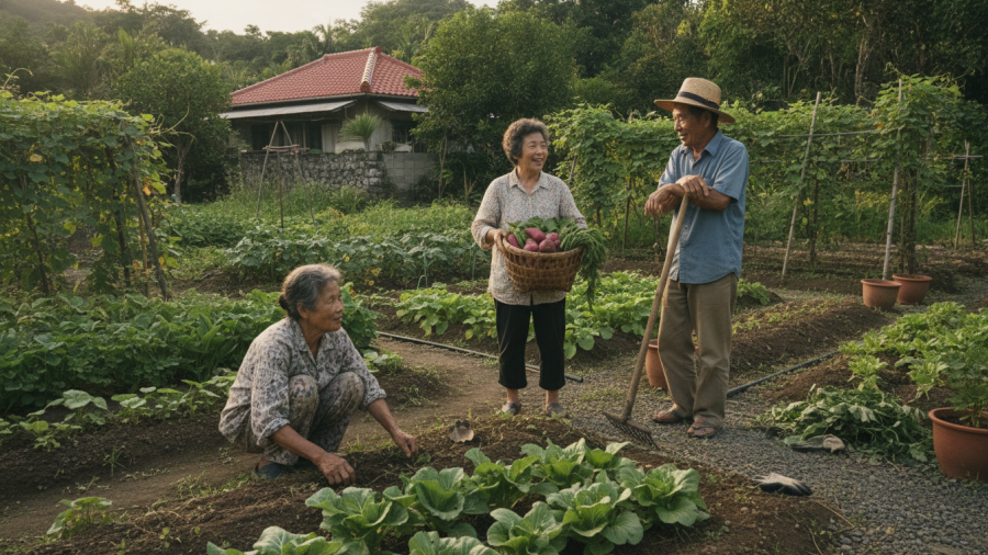Okinawan longevity traditions: older adults gardening together, fostering community and health.