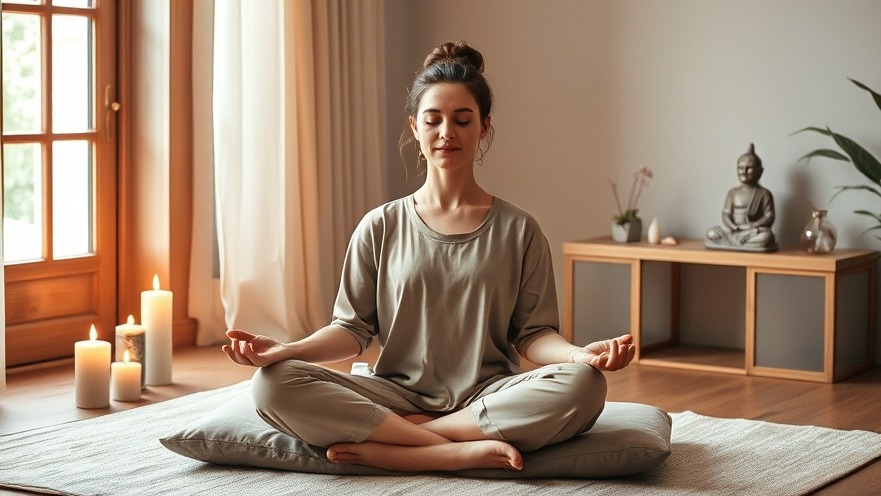 a person sits cross-legged on a comfortable cushion, eyes gently closed, embodying a state of deep meditation and self-compassion.