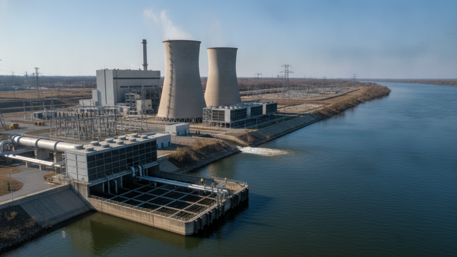 Industrial power facility near a river, illustrating water withdrawal vs consumption.