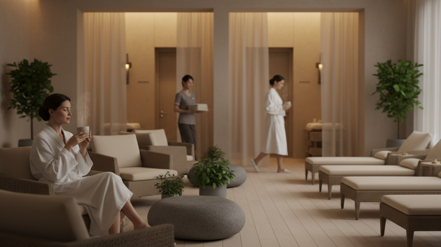 Calm spa lounge showcasing spa communication culture and improving guest experience.
