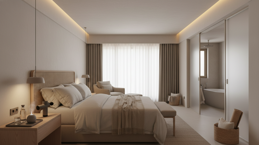 Modern resort guest room showcasing sustainability in spa treatments and natural wellness.