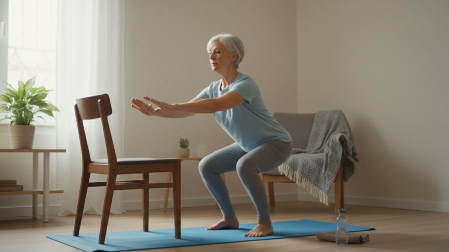 Older adult exercising at home, demonstrating a simple bodyweight movement in a calm space.