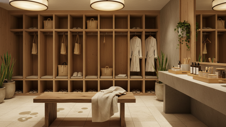 Relaxing nature-inspired spa locker room showcasing eco-friendly materials.