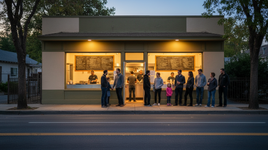 Eager locals enjoying Sacramento's familiar food culture at a beloved eatery.