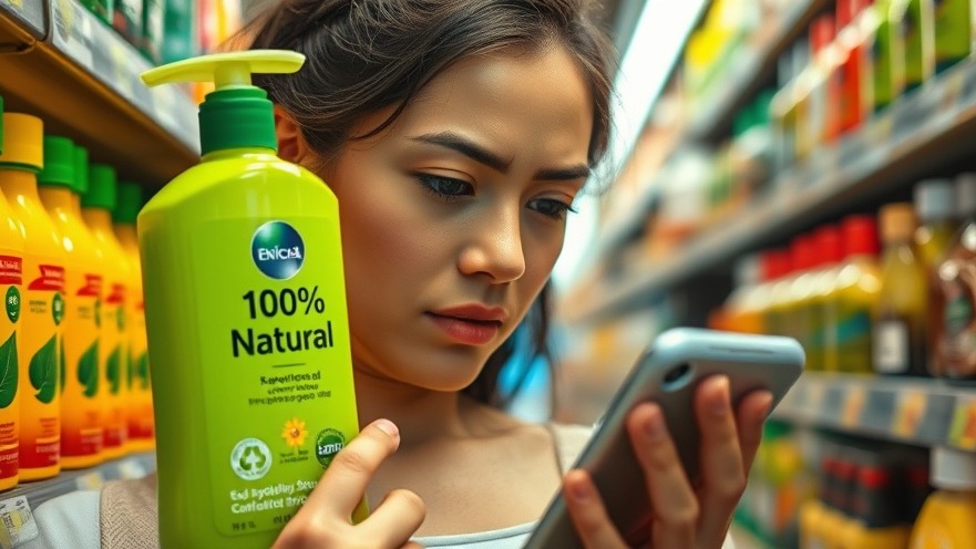 Young woman examining eco-friendly shampoo in supermarket aisle.