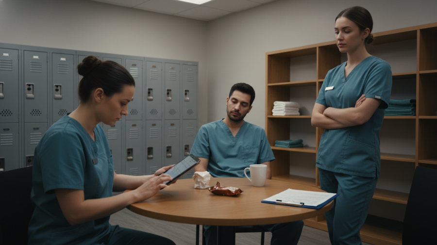 Team communication in spas: staff in a serene break room showing subtle workload pressure.