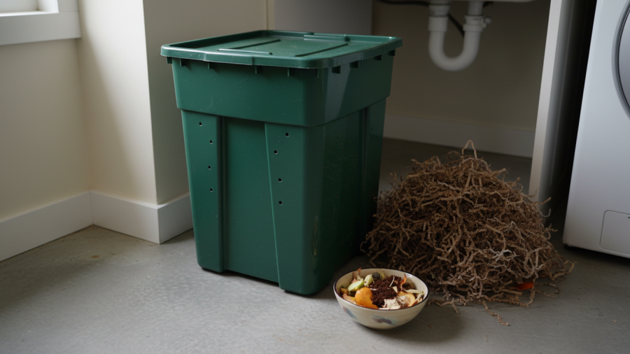 Simple indoor vermicomposting setup with red wigglers for nutrient-rich compost.