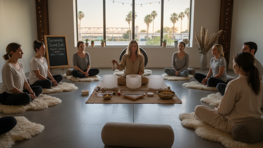 Sound bath preparation for beginners in Sacramento with a cozy setup and expert guidance.