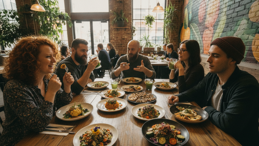 Group dining at a vibrant Sacramento vegan restaurant featuring seasonal plant based dining.