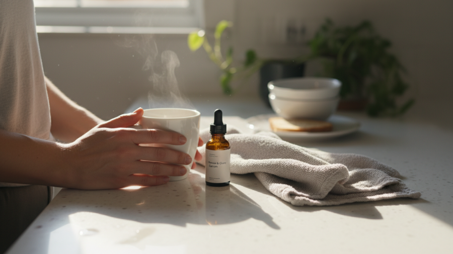 Enjoying spa effects after massage in a cozy home morning scene.