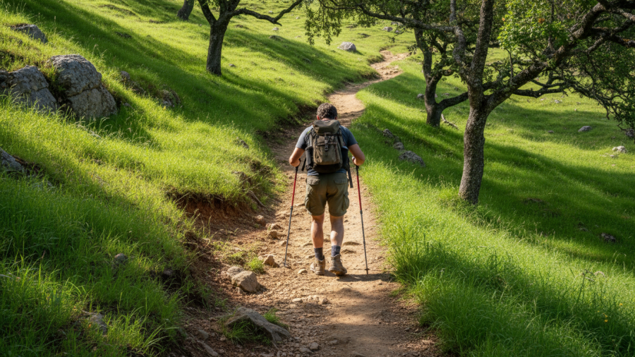 Hiker ascending Auburn State Recreation Area trail, showcasing incline and effort.