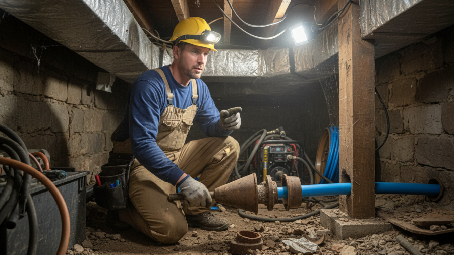 Plumber showcasing pipe bursting vs pipe lining in a crawlspace.