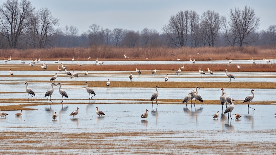 Wetlands teeming with migratory birds during peak wildlife season.