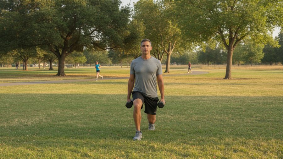 Man performing reverse lunges for knee health in a Sacramento park workout.