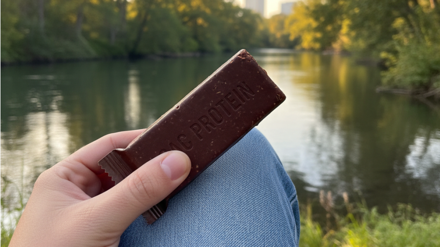 Enjoying nutritious snacks like protein bars by the American River in Sacramento.