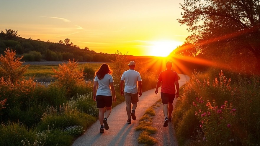 Vibrant sunset over Dry Creek Parkway with people walking along a lush trail.