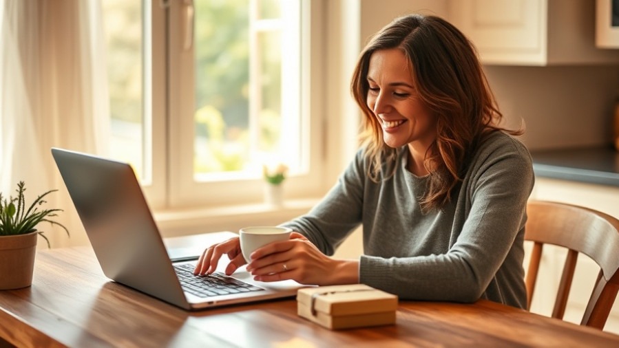 Smiling woman typing a product review, enhancing user experience for eCommerce.