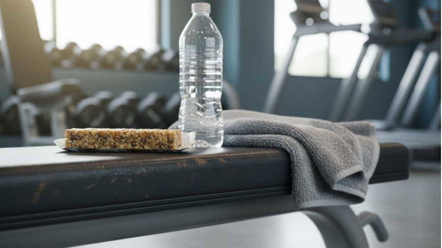 Healthy snacks for energy; protein bar and dumbbells before a workout.