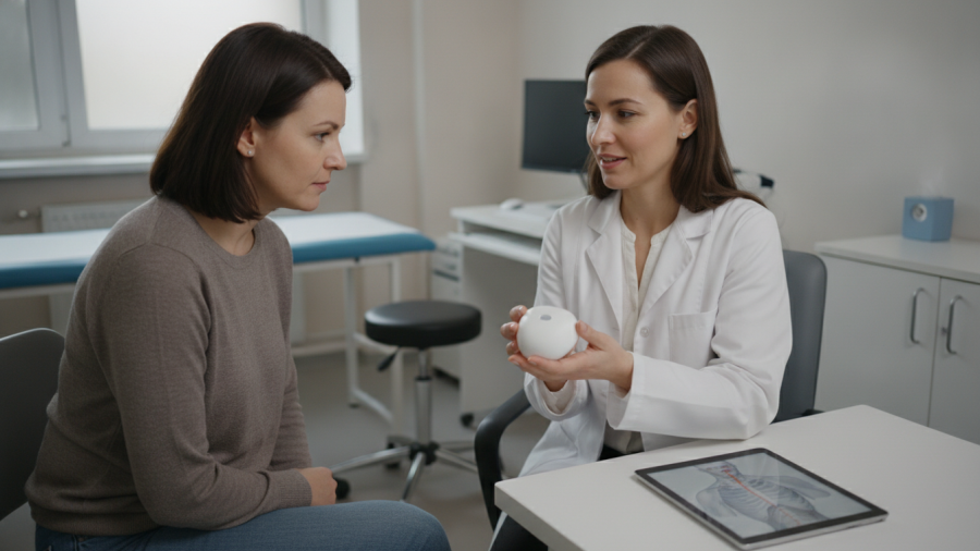 Neurologist discussing vagus nerve stimulation with patient in clinical setting.
