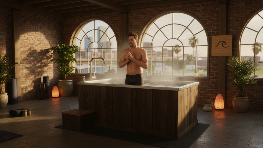 Man prepares for Sacramento cold water immersion in vibrant wellness studio.