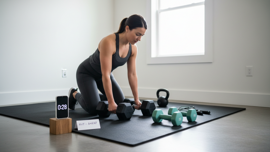 Focused individual adapting effective workouts with minimal equipment for strength training.