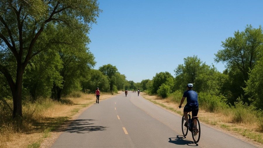 Midday trail near Gristmill with cyclists and walkers in bright Sacramento sunlight.