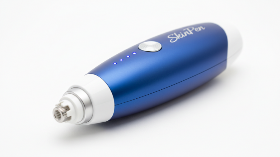 Sleek blue and white SkinPen Precision Elite, an advanced microneedling device for spas.