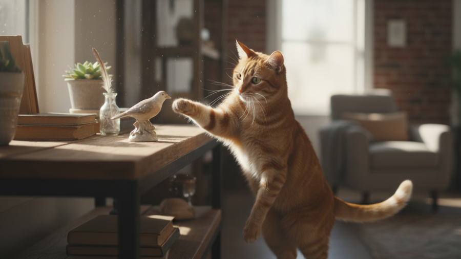 Curious cat knocking objects off a shelf, exploring its instincts and behavior.