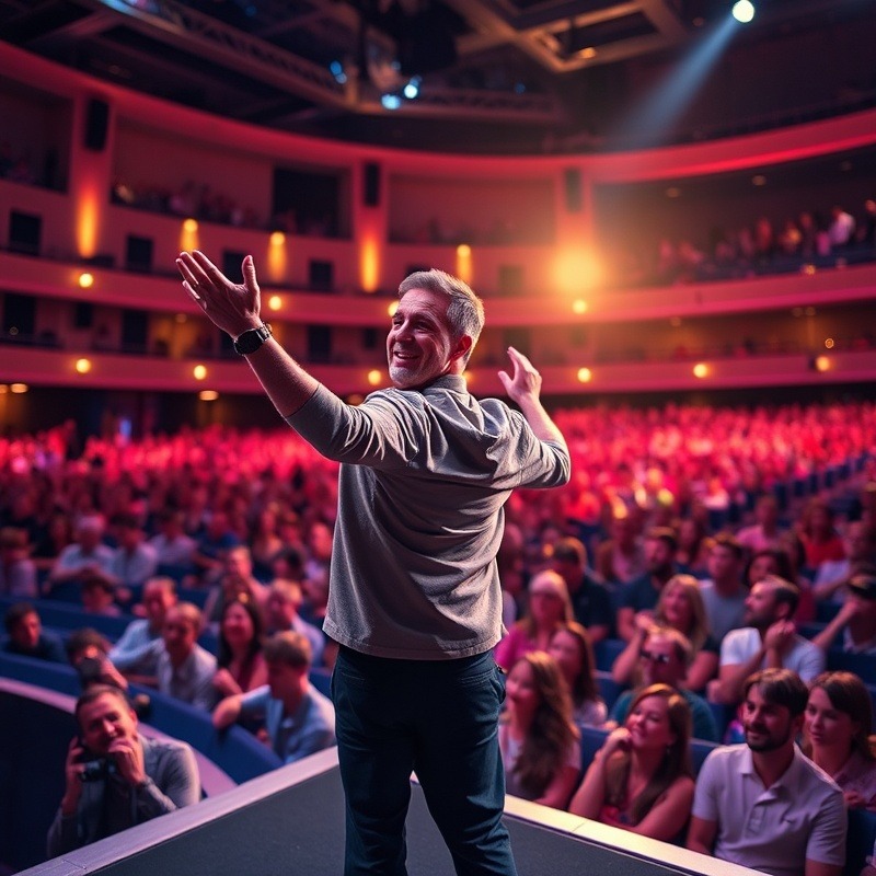 Energetic speaker engaging audience at large conference, business altruism.