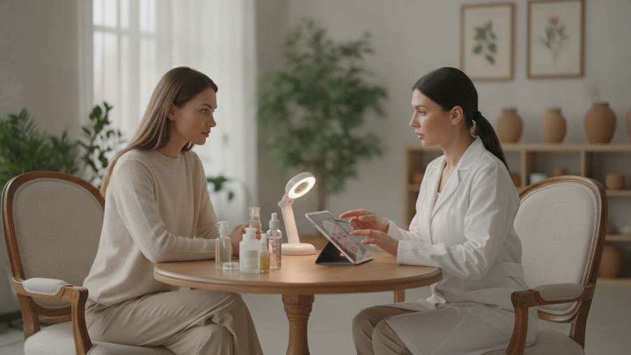 Professional skin consultation in serene studio, expert guiding client on skincare.