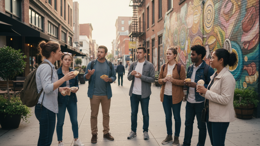 Candid food tour scene capturing the connection between movement and food.