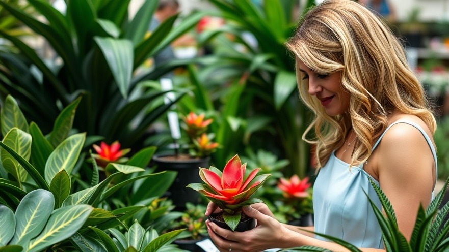 Woman in light blue dress examines red-blooming bromeliad in lush garden shop.