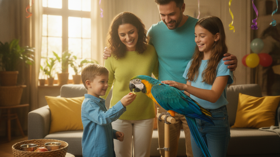 Family joyfully welcoming a macaw home, representing parrot adoption in Sacramento.