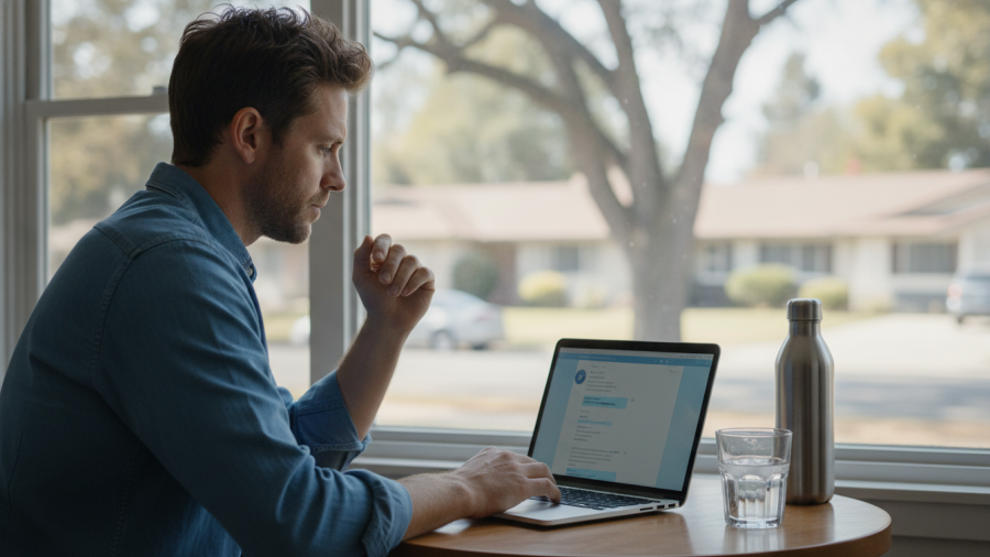 An adult in Sacramento engages thoughtfully with an AI chatbot on a laptop.